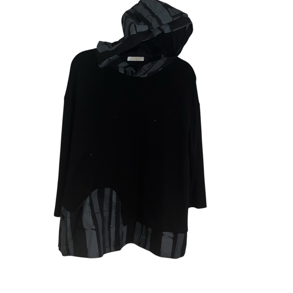 Malissa J Black Tunic Hoodie Top Abstract Art Bamboo Print Oversized large L Xl